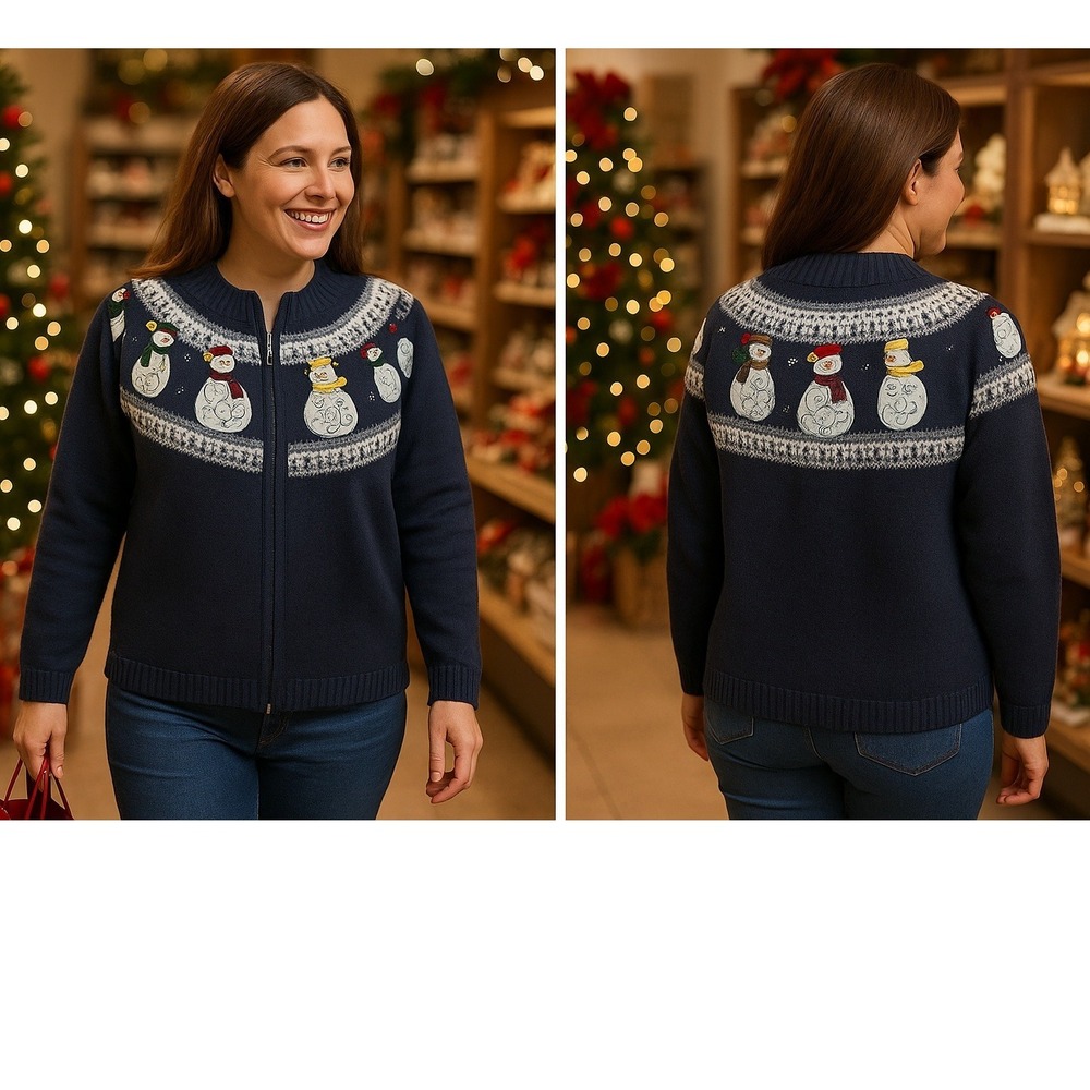 Christopher & anks Festive Holiday‎ Snowmen Blue  Zip Up Sweater Snowflakes